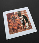 Illustration of a 3 eyed monster wearing glasses and reading books in a library.