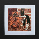 Illustration of a 3 eyed monster wearing glasses and reading books in a library.