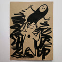 Cartoonish black ink drawing on a brown paper background