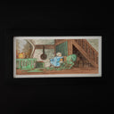 Ink and watercolor painting of an interior of an older, mostly wooden home. An old lady wearing a blue dress pushes a chair with a man covered in green goo. Trails of the goo follow behind them.