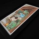 Ink and watercolor painting of an interior of an older, mostly wooden home. An old lady wearing a blue dress pushes a chair with a man covered in green goo. Trails of the goo follow behind them.