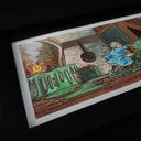 Ink and watercolor painting of an interior of an older, mostly wooden home. An old lady wearing a blue dress pushes a chair with a man covered in green goo. Trails of the goo follow behind them.