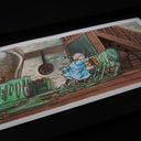 Ink and watercolor painting of an interior of an older, mostly wooden home. An old lady wearing a blue dress pushes a chair with a man covered in green goo. Trails of the goo follow behind them.