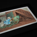 Ink and watercolor painting of an interior of an older, mostly wooden home. An old lady wearing a blue dress pushes a chair with a man covered in green goo. Trails of the goo follow behind them.