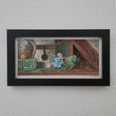 Ink and watercolor painting of an interior of an older, mostly wooden home. An old lady wearing a blue dress pushes a chair with a man covered in green goo. Trails of the goo follow behind them.