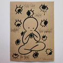 Artistic drawing on a kraft paper background with text and eyes around a central figure.