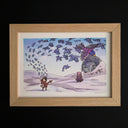 A framed artwork featuring a whimsical illustration of a small figure with a stringed insturment, floating paper coming off of it,  a large gray statue, and a purple bird, displayed in a light wood frame against a black background.