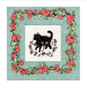 Illustration of a black cat surrounded by red apples and green leaves on a light blue background.