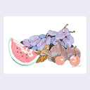 Illustration of a girl sitting amongst a large pile of fruit composed of a bundle of grapes, some cherries, figs and a slice of watermelon.