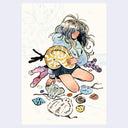 Drawing of a girl at the beach, wearing shorts and a hoodie and holding a giant nautilus shell, with other large, colorful shells on the shore.