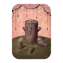 Painting of a tree stump with small birds on and around it.
