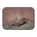 Painting of a metal robot laying in a pile of snow with a peace hand symbol.