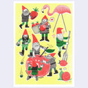 Colorful illustration of gnomes with large fruit and a yard flamingo on a yellow background
