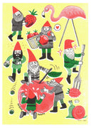 Illustrations of gnomes with various actions on a yellow background