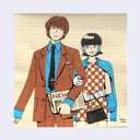 Illustration of two people in formal attire on a grid background