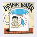 Cartoon illustration of a mug with water and a design on the mug of a person holding a water bottle, with 'Drink Water' text above.