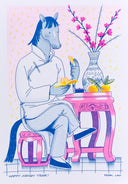 Illustration of a horse-like character sitting at a table with flowers and fruit, with 'Happy Neigh Year!' text.