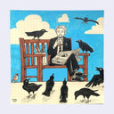 Illustration of a man sitting on a bench with crows around him, holding a newspaper.