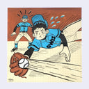 Cartoon illustration of a baseball player in action with another player in the background.