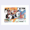 Ink and colored pencil illustration of several people eating hot pot and various seafood dishes in a restaurant. One surprised patron pulls snakes out of their soup.
