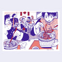 Ink and colored pencil illustration of several people eating hot pot and various seafood dishes in a restaurant. One surprised patron pulls snakes out of their soup.
