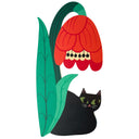 A stylized decorative die cut illustration of a red bell-shaped flower with green leaves and a black cat peeking out from behind on a plain white background.
