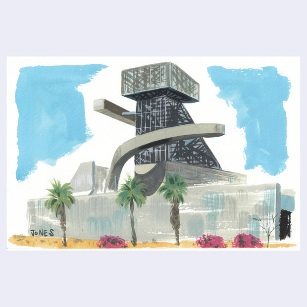 Plein air painting of a large metal building, made up of a half triangle and a rectangle atop of it. A curved metal piece wraps around it.