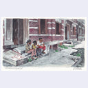 Illustration of three people sitting on a stoop in front of a brick building with 'Koyaanisqatsi' text.
