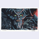 Artistic depiction of a demon creature with large horns and glowing eyes on a dark background.