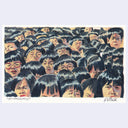 Illustration of a crowded scene with many faces, labeled 'Powaqqatsi'.