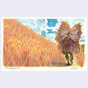 Illustration of a person carrying straw bundles through a field with a blue sky.