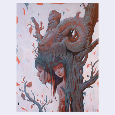 Painting of large ram's head, merged into the bark of a tree. 2 girls stand below, also merged into the beard of the ram.