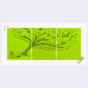 Triptych illustration on green paper of a large tree with tiny creatures in it, and a relaxing bunny character laying under it.