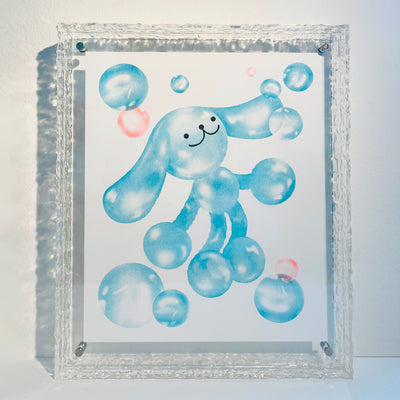 Risograph print in mostly blue with light orange color accents of a cartoon dog made out of bubbles, floating amongst other bubbles.