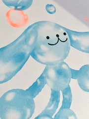 Risograph print in mostly blue with light orange color accents of a cartoon dog made out of bubbles, floating amongst other bubbles. Detail shot.