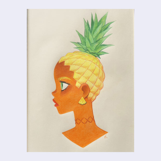 Color pencil illustration of a left facing portrait of a tan woman, with hair that is textured like a pineapple with leaves atop. She has a choker necklace and a pineapple slice earring.