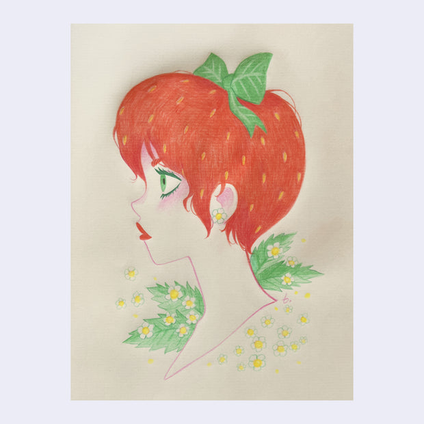 Color pencil illustration of a left facing portrait of a woman with hair colored like a strawberry, with yellow seeds and a bow of green leaves. Small white flowers frame her neck and shoulders and she wears a flower stud earring.