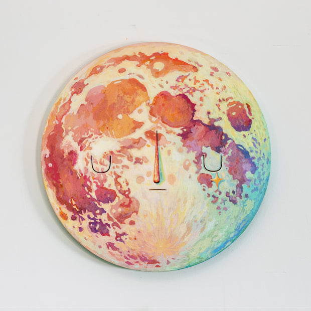 Painting on a circular canvas of a planet with orange and red craters and blue and green shading. It has a simple closed eye expression and a single sparkle shaped tear comes out of the right eye.