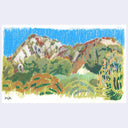 A textured pastel or crayon landscape painting featuring green and brown shrubs under a bright blue sky, with white and red highlights on the mountains, shown on a light gray background.