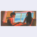 Two people sitting close together in a vehicle with a scenic view outside.