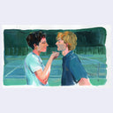 Two men, facing each other and standing on a tennis court. One holds his hand under the other's mouth.