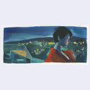 Artistic depiction of a person in a red garment looking over a cityscape at night.