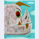 Stylized painting of a creature with a large eye and colorful features on a blue sky background
