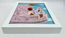Stylized painting of a creature with a large eye and colorful features on a blue sky background