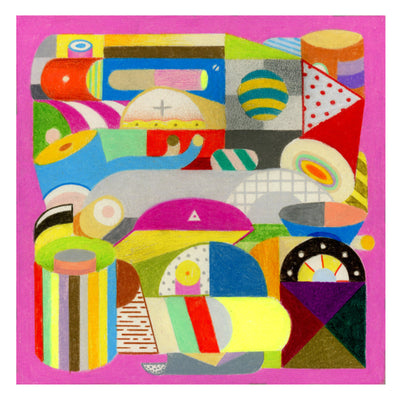 Colorful mixed media drawing on hot pink background of many different shapes and dimensionalities, from cylinders to pyramids to half cirles. 
