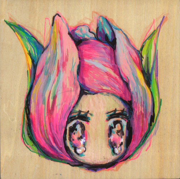 Mixed media drawing on exposed wooden panel of a girl with very large anime style eyes. Her head is encased in the bulb of a pink tulip.