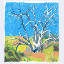 A colorful landscape painting of a leafless tree in a grassy field under a bright blue sky, rendered in expressive, textured brushstrokes with green, yellow, orange, and blue tones.
