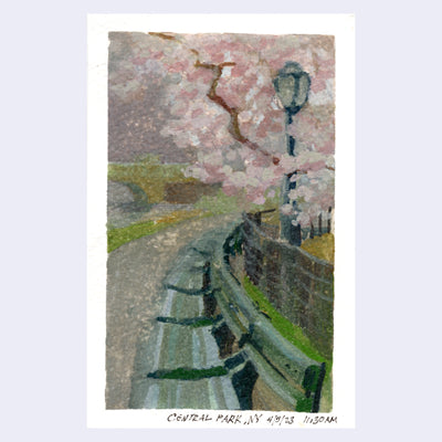 Plein air painting of a bench lined sidewalk with a large cherry blossom tree in full bloom overhead.