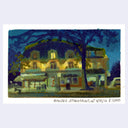 Plein air painting of a storefront at night time, with a dark blue sky behind and yellow lights lighting up the store. A tall tree grows in the sidewalk in front.
