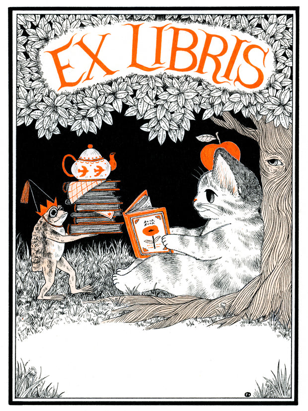 bookplate stickers, with "Ex Libris" written across the top and an illustration of a small cat reading up against a tree, with a frog bringing tea.